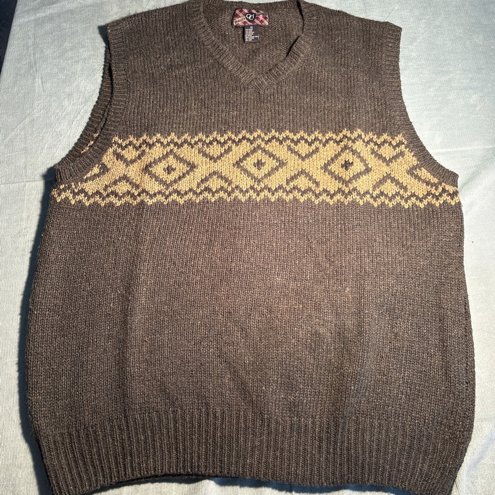 Quality Clothing QCI Mens XL Wool Blend Fair Isle Sweater Vest Brown V-Neck 0701